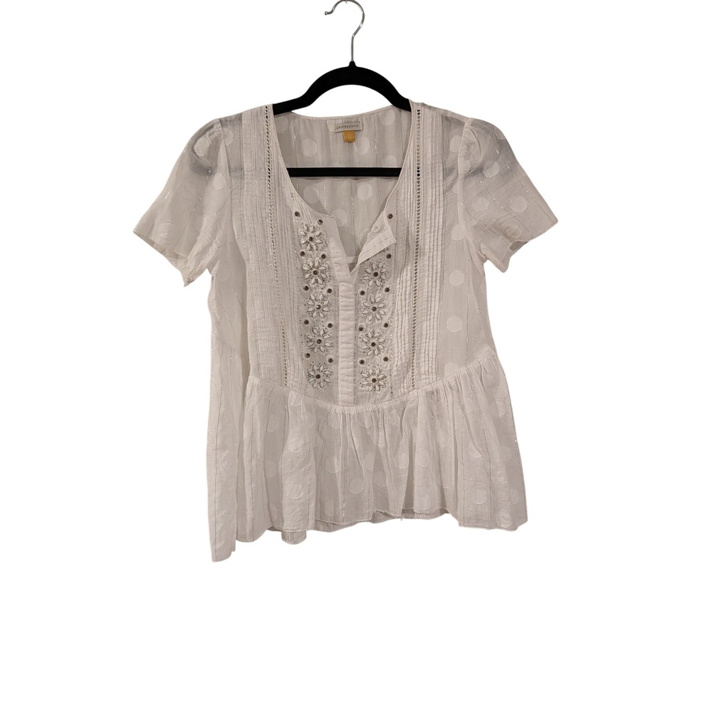 Leifsdottir Blouse Womens 0 White Beaded Metallic Dot Lace Peplum Top